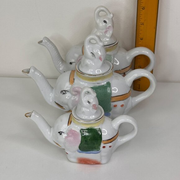 Vintage Elephant Porcelain Teapot Set Of 3 - Picture 3 of 13